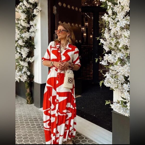 Zara Blogger’s Favourite Red & White Printed Belted Midi Shirt Dress size XL - Picture 4 of 15